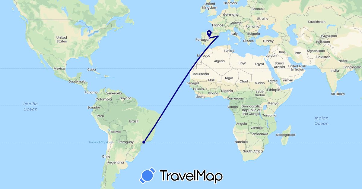 TravelMap itinerary: driving in Brazil, Spain (Europe, South America)